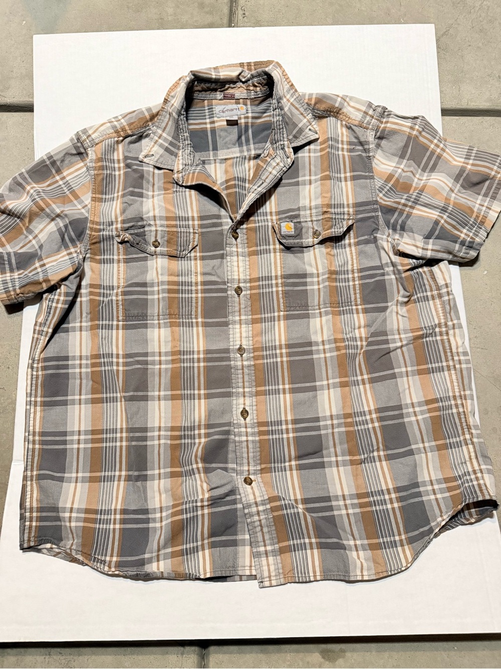 Carhartt Men’s Short Sleeve Plaid Button-Up in Gray and Brown